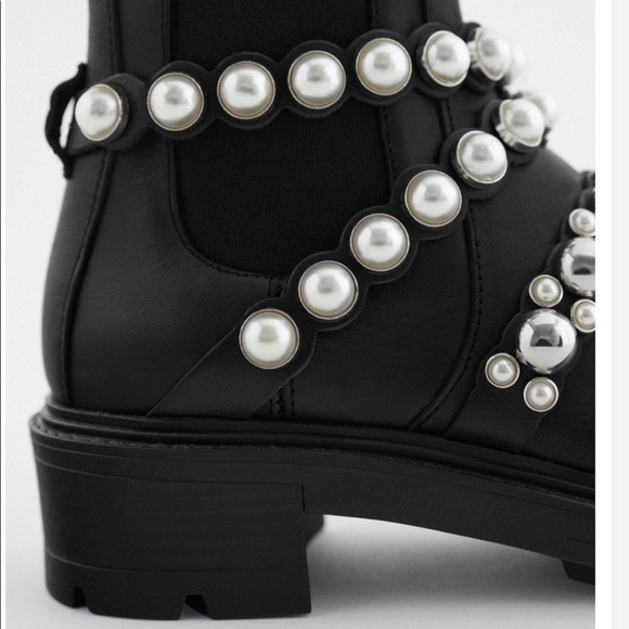 ZARA PEARL STRAP LOW HEELED LEATHER ANKLE BOOTS - Picture 3 of 13